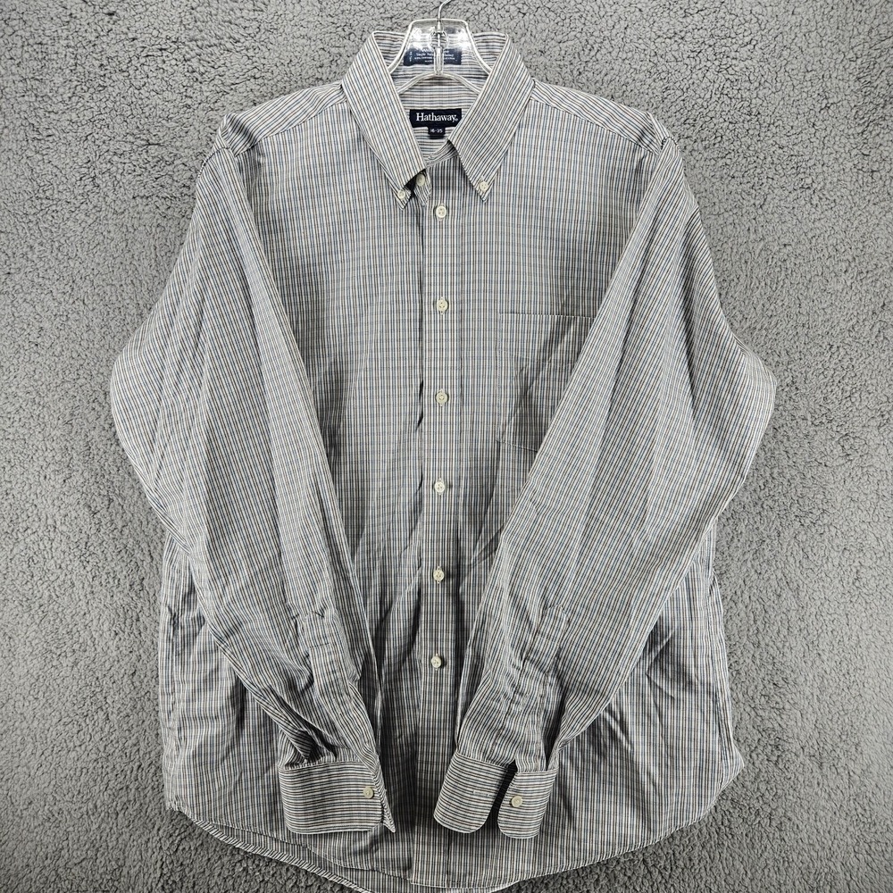 Hathaway Mens Striped Button Down Shirt 16-35 Wrinkle Free L/S Made in USA Blue